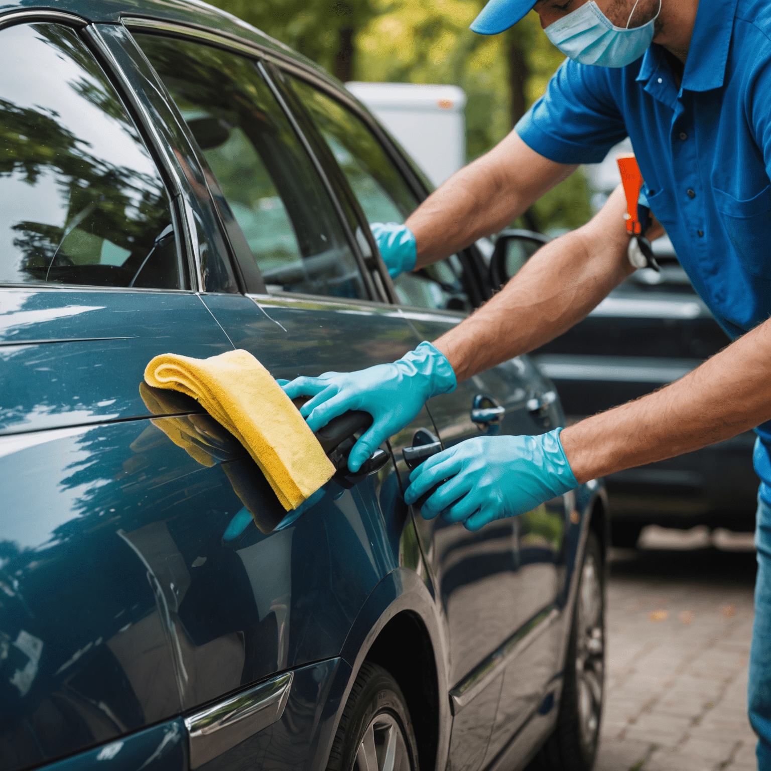 Une personne nettoyant sa voiture avec divers produits et outils, montrant différentes techniques pour nettoyer l'extérieur et l'intérieur du véhicule