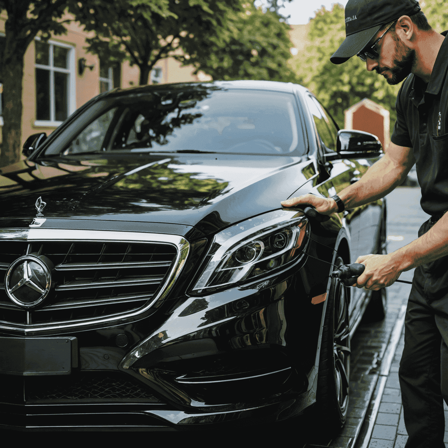 Un technicien effectuant un lavage extérieur minutieux sur une voiture de luxe noire, utilisant des produits de haute qualité et des outils spécialisés