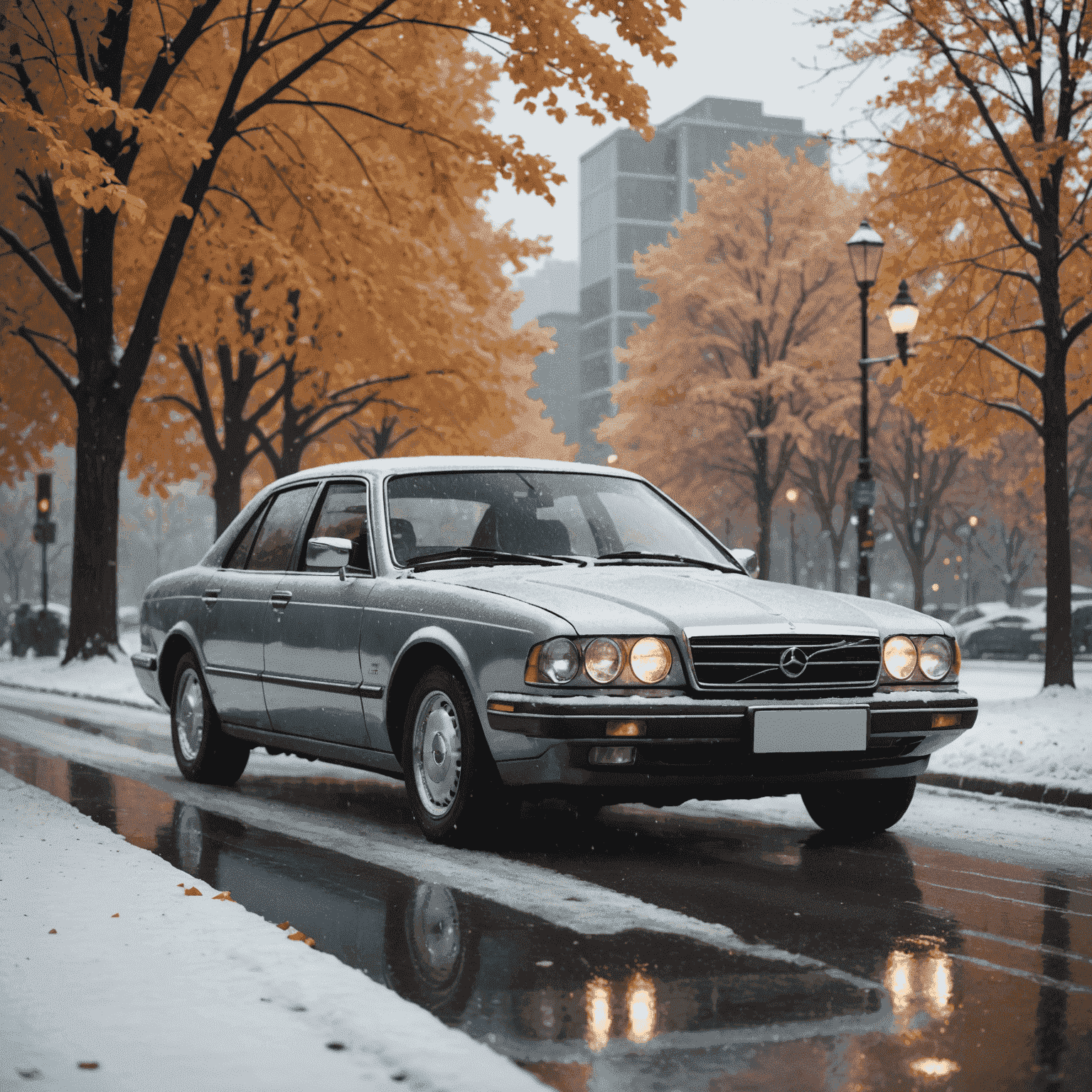 Une voiture brillante sous différentes conditions météorologiques représentant les quatre saisons