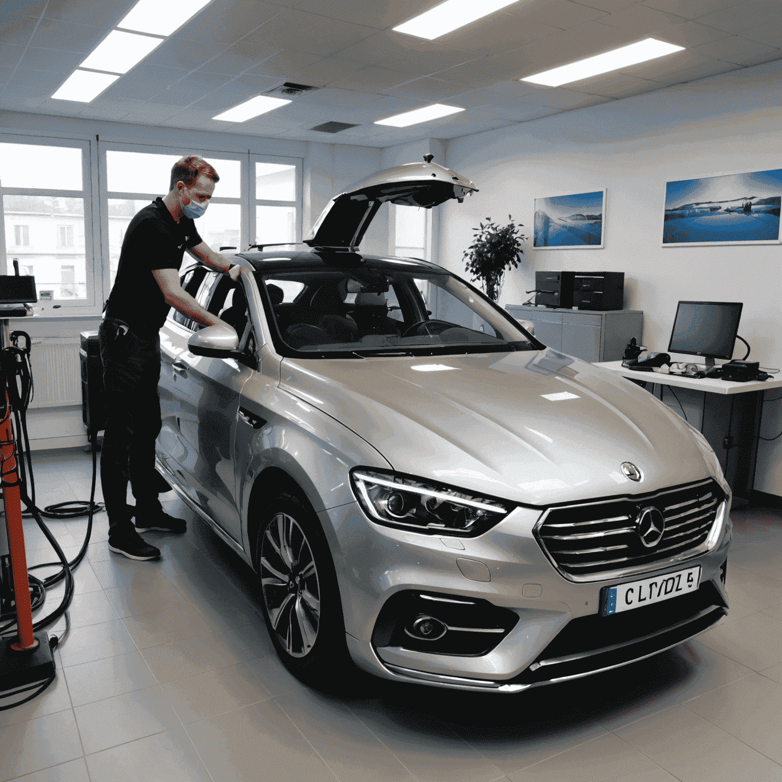 Une voiture brillante étant nettoyée avec des équipements de haute technologie dans notre bureau français