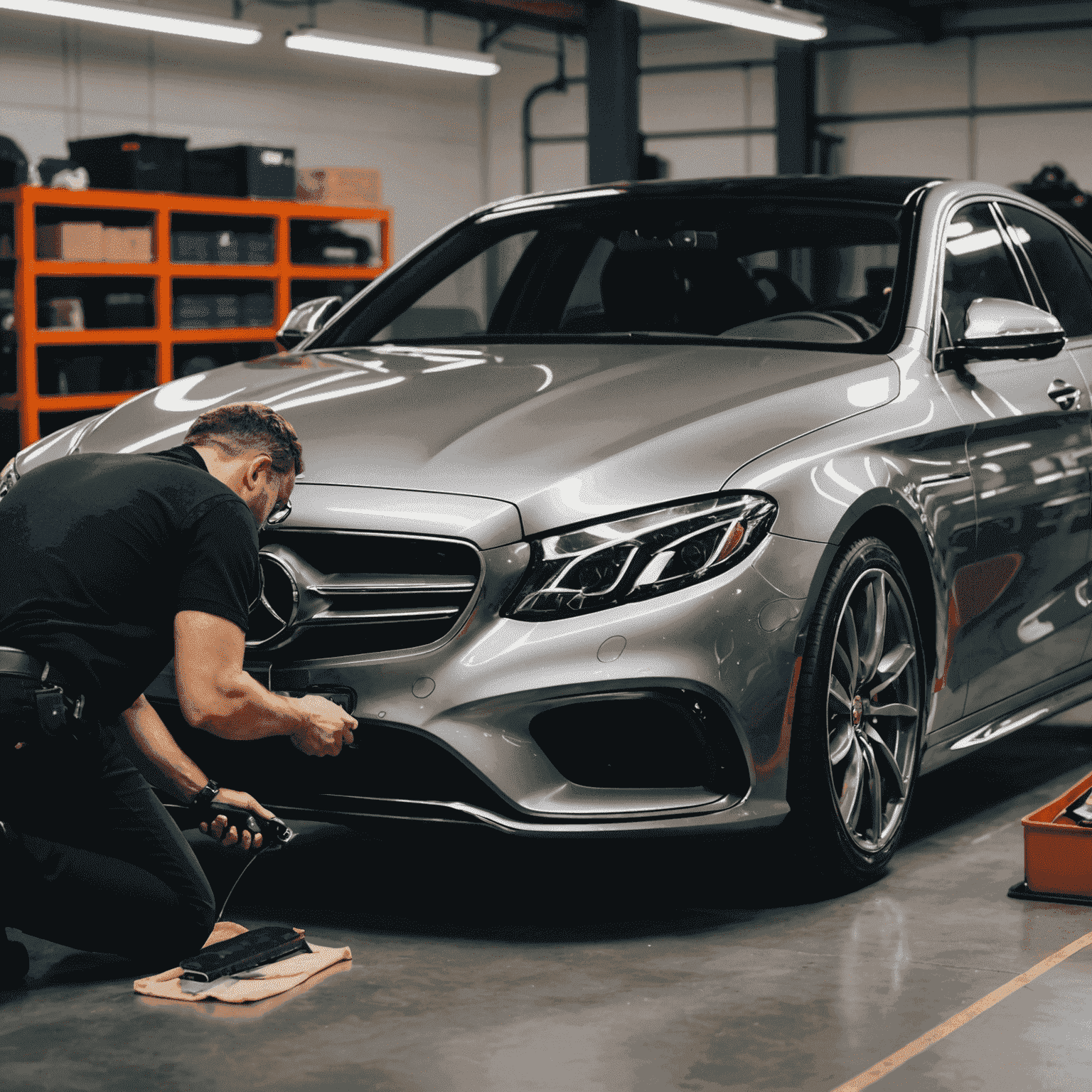 Image d'un détailleur professionnel en train de polir une voiture de luxe dans un garage bien éclairé