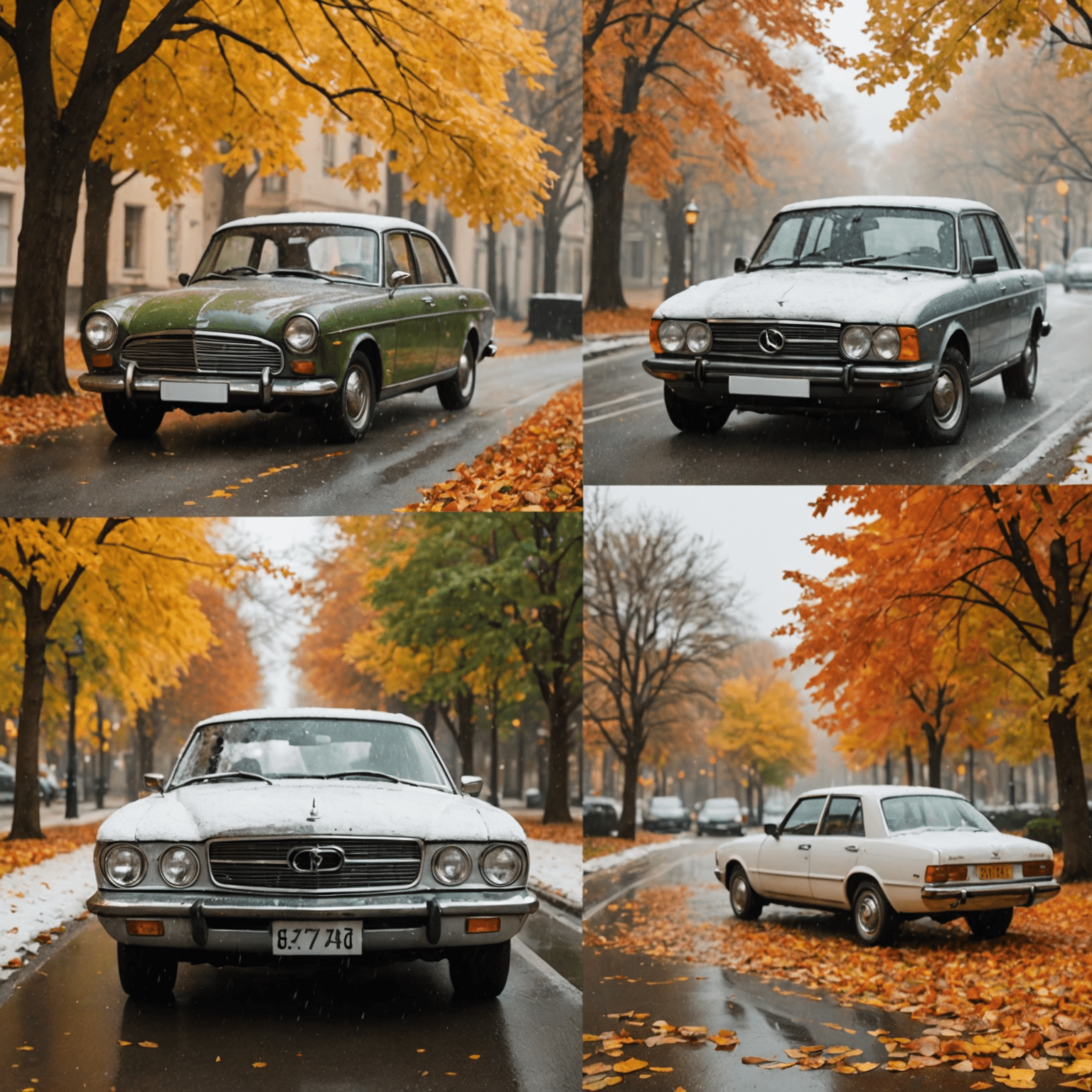 Collage de quatre images représentant une voiture dans différentes conditions saisonnières : neige, pluie, soleil et feuilles d'automne